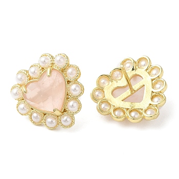 Natural Rose Quartz Heart Stud Earrings with Plastic Pearl Beaded, Real 14K Gold Plated Brass Jewelry, 16.5x17.5mm