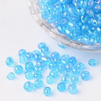 6/0 Transparent Rainbow Colours Round Glass Seed Beads, Dark Turquoise, Size: about 4mm in diameter, hole: 1.5mm, about 495pcs/50g