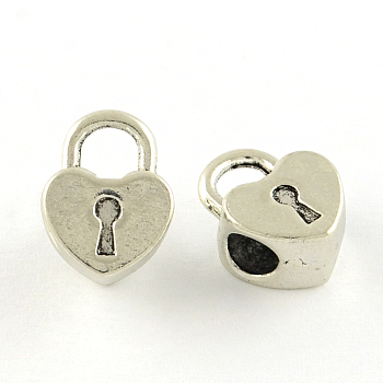 Tibetan Style Alloy European Beads, Heart Shaped Lock, Large Hole Beads, Cadmium Free & Lead Free, Antique Silver, 13.5x10x6mm, Hole: 4mm, about 571pcs/1000g