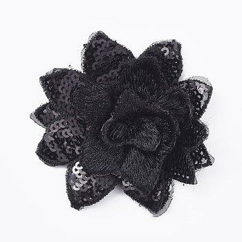 Lace Embroidery Costume Accessories, Applique Patch, Sewing Craft Decoration, with Sequins, Flower, Black, 70x7mm