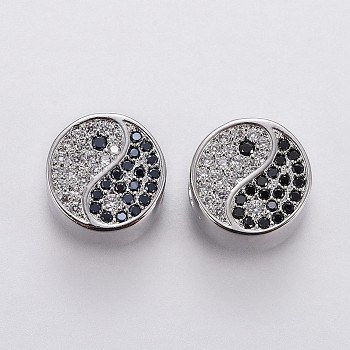 Brass Micro Pave Cubic Zirconia European Beads, Large Hole Beads, Eight Diagrams, Clear & Black, Platinum, 11x7mm, Hole: 4mm
