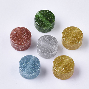 Resin Beads, with Silver Powder, Glitter Beads, Flat Round, Mixed Color, 18x10mm, Hole: 3mm
