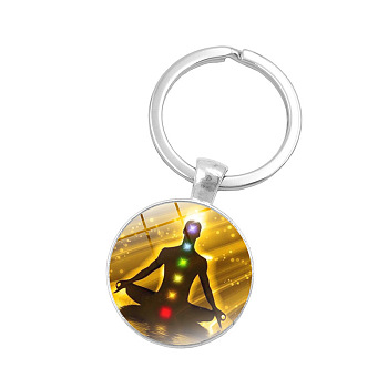 Seven Chakras Yoga Theme Glass Half Round/Dome Pendant Keychain, with Alloy Key Rings, for Car Bag Pendant Accessories, Colorful, 5.7cm