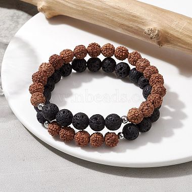 bracelet extensible en pierre de lave naturelle et perles rondes en bois(BJEW-JB10075-03)-2