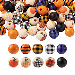 100Pcs 10 styles Halloween Themed Natural Wooden Beads, Round with Mixed Pattern, Mixed Color, 16mm, Hole: 4mm(WOOD-CD0001-21)