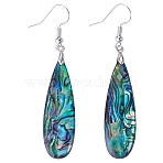 1 Pair Rack Plating Brass Natural Paua Shell Dangle Earrings, Teardrop, 60x12mm(EJEW-TA0001-86)