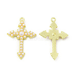 Rack Plating Alloy Pendants, with ABS Plastic Imitation Pearl Bead, Cadmium Free & Nickel Free & Lead Free, Cross Charms, Light Gold, 34.5x23x5mm, Hole: 1.6mm(FIND-C018-24LG)