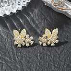 Floral Leaf Brass & Clear Marquise and Round Cut Cubic Zirconia Stud Earrings, Real 18K Gold Plated, 18.5x14.5mm(KK-CBA36A2-09G)