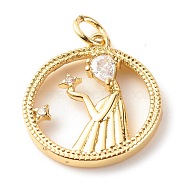 Brass Micro Pave Clear Cubic Zirconia Pendants, Cadmium Free & Lead Free, Flat Round with Girl, Real 18K Gold Plated, 22x17x3mm, Hole: 3.5mm(ZIRC-P094-26G-RS)