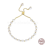 Natural Freshwater Pearls Beaded Bracelets, with Adjustable 925 Sterling Silver Slider Bracelets for Women, Real 14K Gold Plated, 10-1/4~11 inch(26~28cm)(BJEW-I314-142)