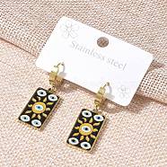 304 Stainless Steel Enamel Hoop Earrings for Women, Rectangle with Sun, Golden, Black, 37x12.5mm(STAS-Z105-01G-02)