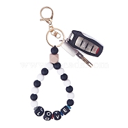 Silicone Round Beaded Keychain Wristlet, Letter Love Natural Lava Rock Beads Keychain, with Alloy Keychain Clasps Finding, Black, 20.08cm(KEYC-SW00006-01)