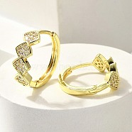 Brass Clear Cubic Zirconia Hoop Earrings, Rhombus, Real 18K Gold Plated, 19x6.5mm(EJEW-M047-26G)