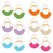 6 Pairs 6 Colors Raffia Grass Braided Flat Round Dangle Stud Earrings for Women, Light Gold Iron Long Drop Earrings, Mixed Color, 61~63x45~46mm, 1 pair/color(EJEW-FI0002-25)