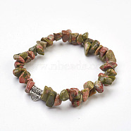 Natural Unakite Beads Stretch Bracelets, with Alloy Findings, Chip, 1-3/4 inch(4.5cm)(BJEW-JB03860-05)