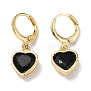 Real 18K Gold Plated Brass Dangle Leverback Earrings, with Heart Glass, Black, 25.5x10.5mm(EJEW-L269-044G-01)