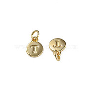 Brass Charms, with Jump Rings, Nickel Free, Flat Round with Letter.T, Real 18K Gold Plated, 10x7.5x1mm, Jump Ring: 5x1mm, 3mm inner diameter(KK-N233-361)