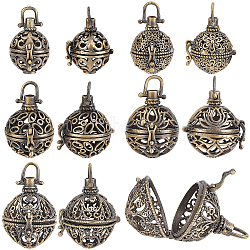 10Pcs 5 Style Round Brass Hollow Cage Pendants, For Chime Ball Pendant Necklaces Making, Antique Bronze, 27~33x23~29x20~25mm, 2pcs/style(KK-SC0004-95)