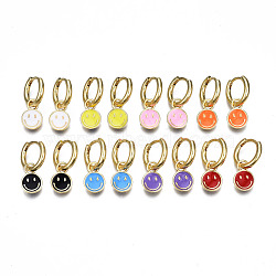 Brass Enamel Huggie Hoop Earrings, Nickel Free, Real 16K Gold Plated, Smiling Face, Mixed Color, 20.5x13mm, Pin: 1mm(EJEW-T014-37G-NF)