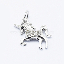 Brass Micro Pave Cubic Zirconia Pendants, Cadmium Free & Nickel Free & Lead Free, Unicorn, Platinum, 15x15x2.5mm, Hole: 3mm(ZIRC-G130-22P-NR)