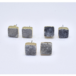 Natural Dyed Druzy Quartz Stud Earrings, with Brass Findings, Square, Golden, Gray, 9~11x9~11x4~7mm, Pin: 0.7mm(EJEW-P165-A07)