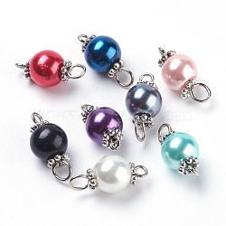 Pearlized Glass Pearl Links connectors, with Tibetan Style Alloy Bead Spacers and Iron Eye Pin, Round, Mixed Color, 17x8mm, Hole: 2mm(PALLOY-JF00348)