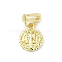 Brass Slide Charms, Flat Round with Saint Benedict, Lead Free & Cadmium Free, Long-Lasting Plated, Rack Plating, Real 18K Gold Plated, 19.5x15.5x3.5mm, Hole: 2x10.5mm(KK-D317-118G)