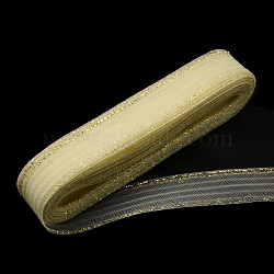Mesh Ribbon, Plastic Net Thread Cord, with Golden Metallic Cord, Lemon Chiffon, 4.5cm, about 25yards/bundle(PNT-R010-4.5cm-G01)