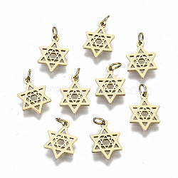 304 Stainless Steel Pendants, Laser Cut, with Jump Rings, Star of David, Real 14K Gold Plated, 11x8x1mm, Jump Ring: 3.5x0.5mm, 2.5mm inner diameter(STAS-S116-046G)