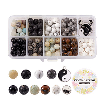 Cheriswelry DIY Stretch Charm Bracelets Making Kits, Including 225Pcs Gemstone Round Beads, Alloy Enamel Findings and Elastic Crystal Thread, Mixed Color, 8mm, Hole: 1mm, 9 style, 25pcs/style, 225pcs