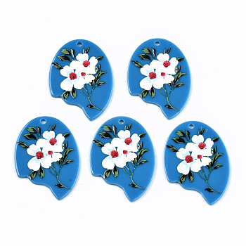 Acrylic Pendants, 3D Printed, Gap oval with Flower, Dodger Blue, 43x31.5x2.5mm, Hole: 2mm