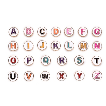 Alloy Enamel Beads, Flat Round, Cadmium Free & Lead Free, Mixed Color, Light Gold, Letter A~Z, 10x3.5mm, Hole: 1.4mm, about 26pcs/set