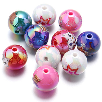 10Pcs UV Plating Colours Acrylic Beads, Printed Straight Hole Round Beads, Mixed Color, 15x15mm, Hole: 3mm