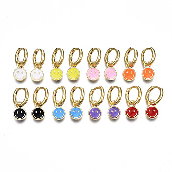 Brass Enamel Huggie Hoop Earrings, Nickel Free, Real 16K Gold Plated, Smiling Face, Mixed Color, 20.5x13mm, Pin: 1mm