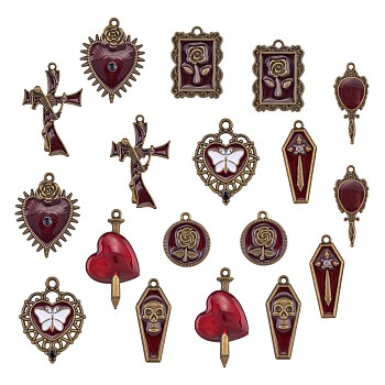 18Pcs 9 Style Halloween Alloy Rhinestone Pendants, with Enamel, for DIY Necklace Bracelet Earring Accessories, Heart with butterfly & Cross & Mirror, Antique Bronze, 30x25mm, 2pcs