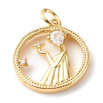 Brass Micro Pave Clear Cubic Zirconia Pendants, Cadmium Free & Lead Free, Flat Round with Girl, Real 18K Gold Plated, 22x17x3mm, Hole: 3.5mm