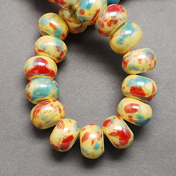 Handmade Porcelain European Beads, Large Hole Beads, Pearlized, Rondelle, Champagne Yellow, 12x9mm