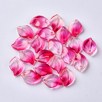 Transparent Spray Painted Glass Pendants, with Glitter Powder, Leaf, Deep Pink, 16x11.5x3.5mm, Hole: 1.5mm