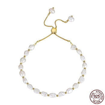 Natural Freshwater Pearls Beaded Bracelets, with Adjustable 925 Sterling Silver Slider Bracelets for Women, Real 14K Gold Plated, 10-1/4~11 inch(26~28cm)