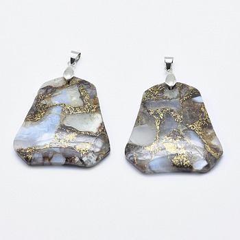Brass Line Chalcedony Pendant, with Brass Findings, Trapezoid, Platinum, 42x38x5.5~6mm, Hole: 4x5mm