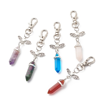 Double Terminated Natural Gemstone Bullet Pendant Decorations, Angel Lobster Clasp Charms, Clip-on Charms, for Keychain, Purse, Backpack Ornament, 9cm