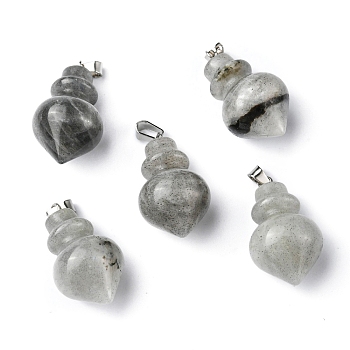 Natural Labradorite Pendants, Pointed Bottle Charms, with Platinum Plated Iron Snap on Bails, 32.5~35x16~17mm, Hole: 3x5.5mm