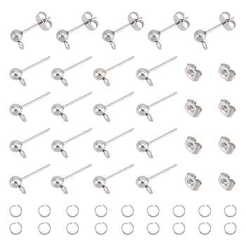 200Pcs 304 Stainless Steel Ball Post Stud Earring Findings, with Horizontal Loops & 200Pcs Ear Nuts & 200Pcs Open Jump Rings, Stainless Steel Color, 16x4mm, Hole: 1.5~2mm, Pin: 0.8mm