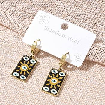 304 Stainless Steel Enamel Hoop Earrings for Women, Rectangle with Sun, Golden, Black, 37x12.5mm