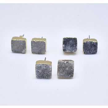 Natural Dyed Druzy Quartz Stud Earrings, with Brass Findings, Square, Golden, Gray, 9~11x9~11x4~7mm, Pin: 0.7mm