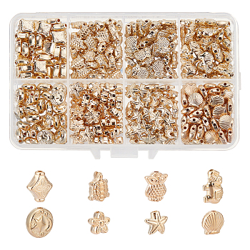 Elite 300Pcs 8 Style Plating ABS Plastic Beads, Turtle & Flower & Starfish, Light Gold Plated, 8.5~10.5x8~12.5x3.5~4mm, hole: 1.4~1.8mm, 30~40pcs/style