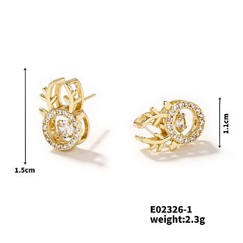 Shiny Copper Earrings with Zircon Stones, Fashionable and Elegant Stud Earrings for Women, Deer, Golden, 15x11mm