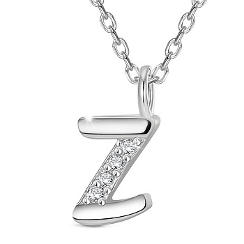SHEGRACE Rhodium Plated 925 Sterling Silver Initial Pendant Necklaces, with Grade AAA Cubic Zirconia and Cable Chains, Platinum, Letter.Z, 15.74 inch(40cm)