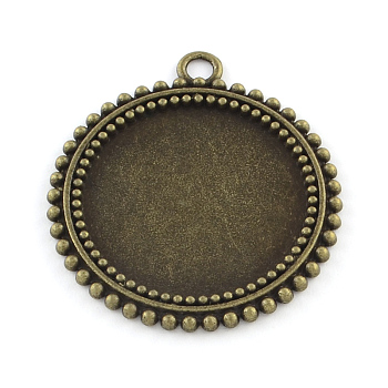 Tibetan Style Flat Round Alloy Pendant Cabochon Settings, Cadmium Free & Nickel Free & Lead Free, Antique Bronze, Tray: 25mm, 37x33x2mm, Hole: 3mm