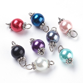 Pearlized Glass Pearl Links connectors, with Tibetan Style Alloy Bead Spacers and Iron Eye Pin, Round, Mixed Color, 17x8mm, Hole: 2mm